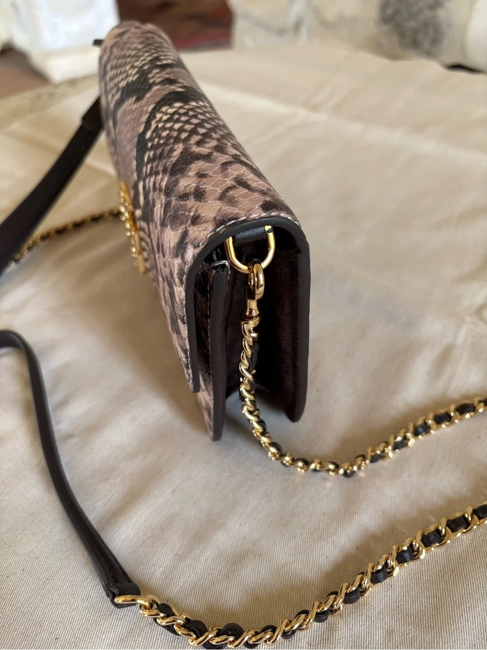 Tory Burch Pink Snake-Print Leather Chain Crossbody with Gold Logo